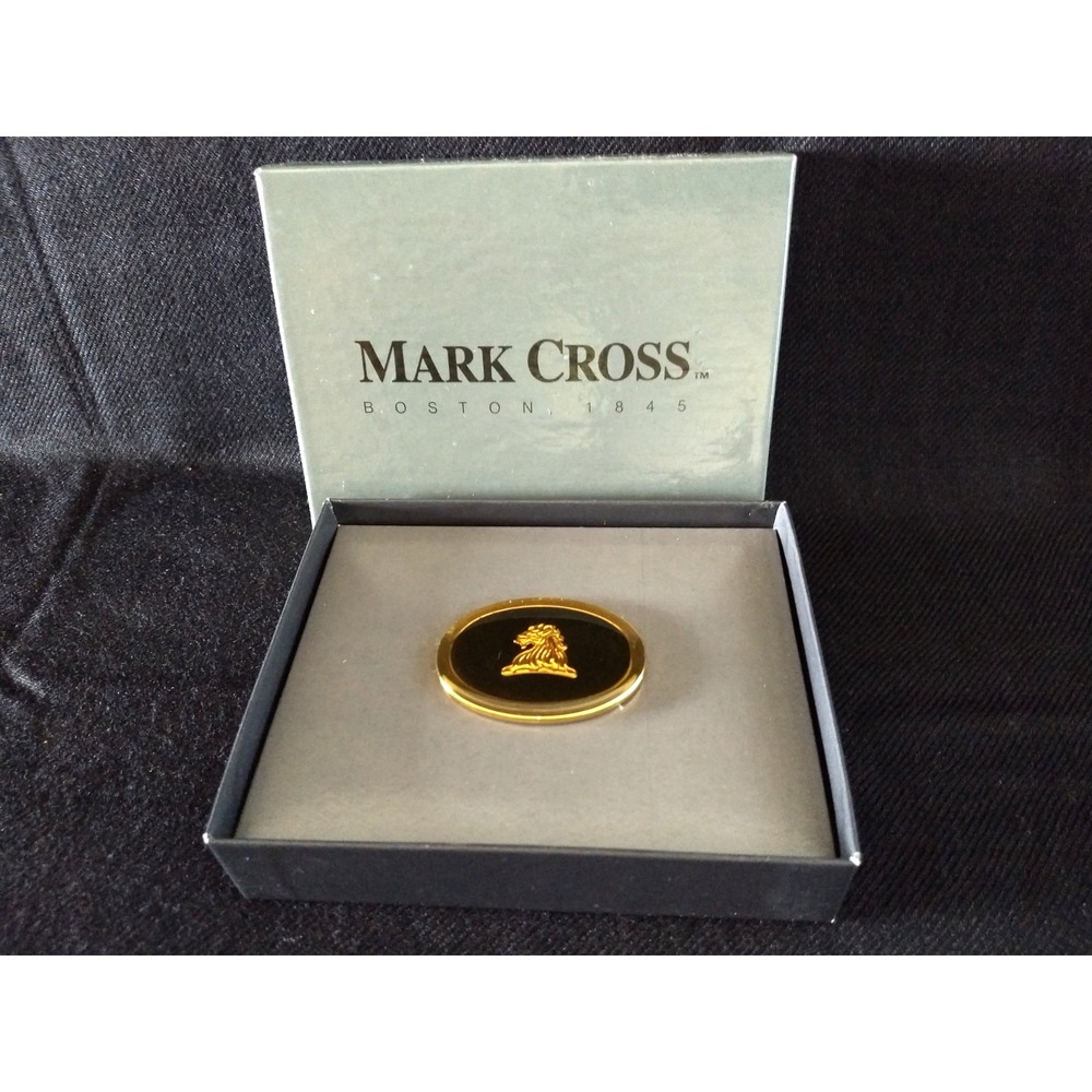 MARK CROSS Money Clip Lions Head Logo Black Gold-Tone Oval Rare NOS Original Box